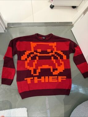 Men's Burgundy & Red Striped Crewneck Sweater with Orange Pixel Graphic